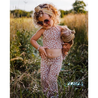 Anana-2 piezas trajes de verano para niña pequeña, sin mangas, estampado Floral Halter Crop Tops + Flare pantalones Set