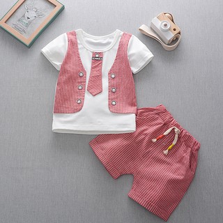 verano bebé niños ropa de manga corta falsa corbata impresión tops camisas+pantalones cortos de rayas niño conjuntos de ropa 13 (5)