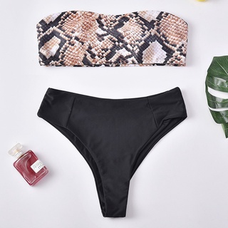 Neiyiya❀ Women Two-Piece Swimsuit Snake Print Tube Top Bikini Beachwear Swimwear SHEIN
