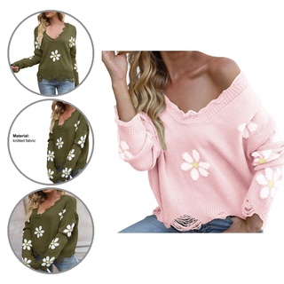 (New) Casual Office Lady Sweater Cool Broken Holes Sweater V Neck for Daily Wear