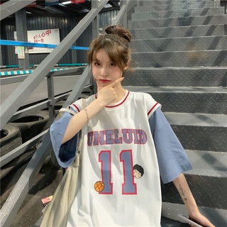 Falso Dos Piezas De Baloncesto Camisa T-shirt Mujer Estudiante Suelta De Manga Corta Media ins top Moda