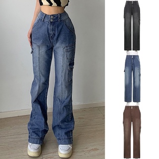 Mujer Vintage Streetwear Cintura Alta Y2k Jeans Ancho Pierna Bolsillo Solapa Pantalones Holgados Ropa De Señoras