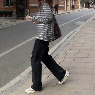 Negro ripped jeans mujer recto suelto 2021 nuevos pantalones de pierna ancha de talle alto de moda ins (1)