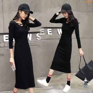 🎁 + las mujeres vestido de estilo coreano cruz diseño de cuello redondo manga larga Midi vestidos sueltos delgado negro más el tamaño