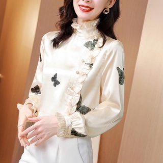 Camisa de imitación para mujer con sabor a Hong Kong, camisa pequeña, top de satén, manga larga