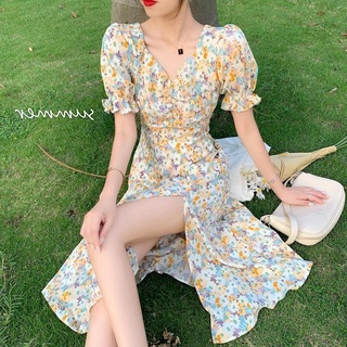 gasa floral v-cuello vestido de las mujeres 2021 nuevo verano cosecha cintura delgada temperamento francés split longitud media falda