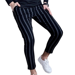 Pantalones de rayas para hombre lindos ajustados de negocios elásticos pantalones largos clásicos Frente plano Chino (4)