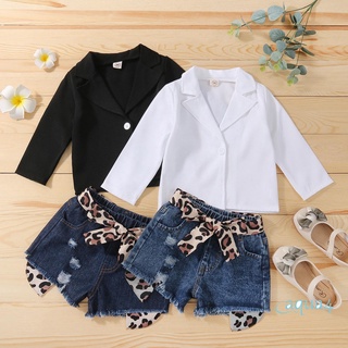 Anana-girls - conjunto de ropa Casual de dos piezas, Color sólido, Chamarra y leopardo estampado patrón elástico cintura pantalones cortos, negro/blanco