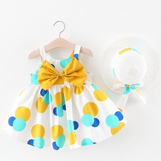 2021 verano nuevo vestido de niña lindo fresco cabestrillo arco lunares patrón de los niños vestido con sombrero