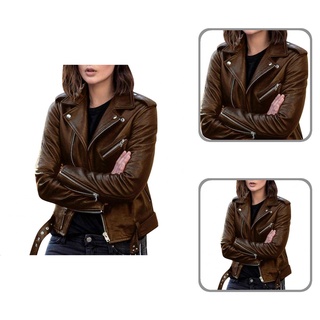 listedi Lady Moto Biker Jacket Solid Color Turndown Collar Jacket Lapel for Riding