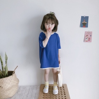 2021summer nueva chica coreana bebé color fresco coincidencia raglán algodón suelto vestido de manga corta camiseta vestido