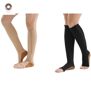 [listo stock] 2 pares medias de compresión de nailon cremallera calcetín de compresión pierna rodillera apoyo dedo del pie abierto prevenir (color/negro) xxl