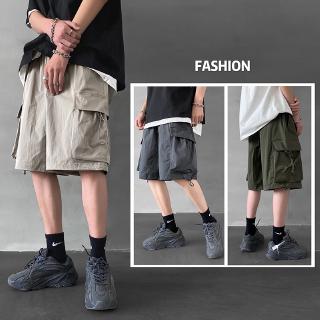 los hombres pantalones cortos de carga cómodo cordón elástico cintura casual masculino pantalones cortos de longitud de la rodilla multi bolsillo streetwear pantalones cortos de los hombres