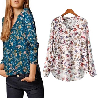 handyou Women Casual Long Sleeve V-neck Floral Print Shirt Chiffon Blouse Irregular Top
