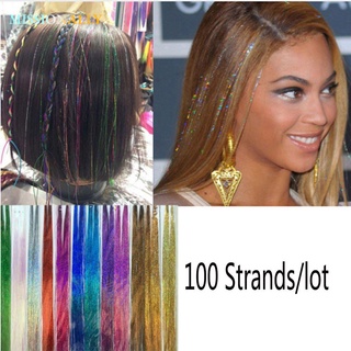 MISSIONALLY 100 Strands Girls Hair Tinsel Party Bling Silk Hair Extension Synthetic Hair Sparkly Streak Clubbing Hot Sale Glitter Rainbow Color