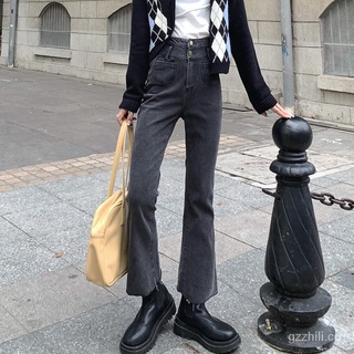 🙌 Acampanado jeans de las mujeres de cintura alta delgada pierna ancha pantalones gris lavado Vintage estilo Hong Kong pantalones 1HhJ