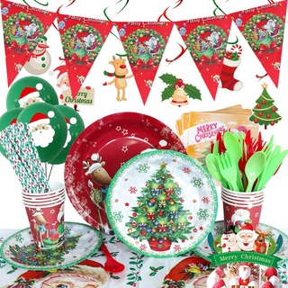 Merry Christmas Disposable Tableware Decoration Set Banner Cake Topper Cap Paper Plate Straw Pennant Baby Birthday Party Needs celebrate celebrate