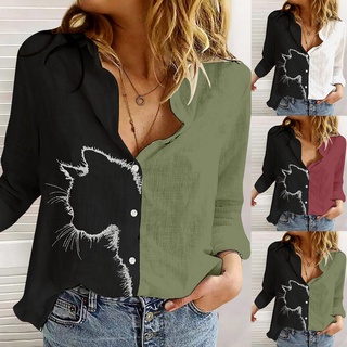 Lapel Loose Casual Double Color Matching Long-sleeved Printed Women Shirt