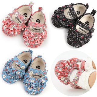 Bebé Niñas Mary Jane Pisos Suave Antideslizante Suela Lindo Floral Impresión Zapatos Para Niña Princesa Volantes 0-18M