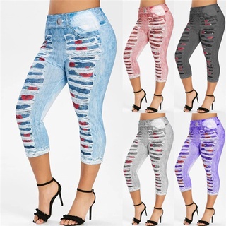 Pantalones elásticos De Cintura Alta para mujer/pantalones De mezclilla con estampado 3D (1)