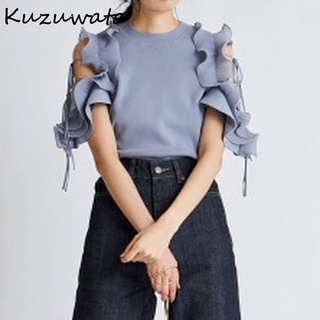 Kuzuwata-blusa elegante con volantes para mujer, blusa Sexy sin tirantes, cuello redondo, acampanada, manga corta, estilo de trabajo, Camisa lisa Simple