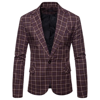 feiyan Mens Casual Plaid Business Wedding Suit Lapel Slim Fit Outwear Blazer Coat (1)