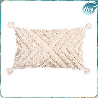 [Tire] Fundas de almohada Boho marroquíes de algodón tejido Tufted decorativo Beige (1)