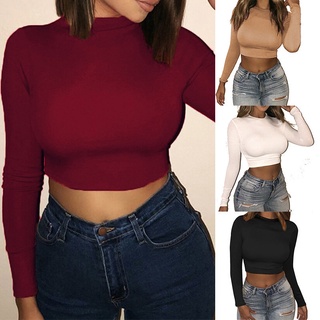 Pure Color Women's Casual Round Neck Bottoming Long Sleeve Shirt Ladies High Elasticity Crop Tops