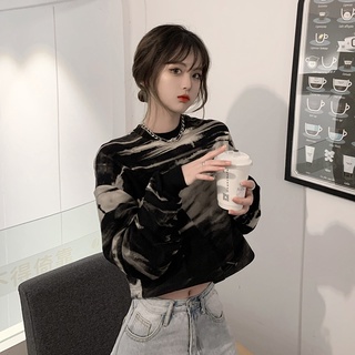 IELGY no cap tie-dye long sleeves dark short sweater Korean version top women's clothing loose (4)