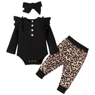 ☎Jo♂3pcs niño traje, Color sólido volantes de manga larga mameluco + leopardo impresión pantalones + diadema para bebé niñas,