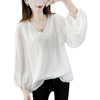 M-4xl nueva moda blusa blanca mujeres Baju manga larga cuello V estilo coreano suelto Slim gasa blusa más tamaño Tops