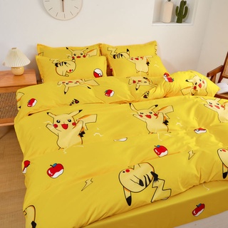 Sábana de cama premiumCartoon anime Pikachu ropa de cama de cuatro piezas amarillo sábana edredón cubierta de estudiante dormitorio cama de tres piezas individual (1)