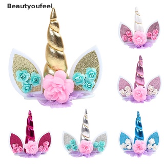 [Beautyoufeel] Unicornio decoración de tarta de cumpleaños decoración lindo cuerno orejas flor fiesta adorno Prop buenas mercancías