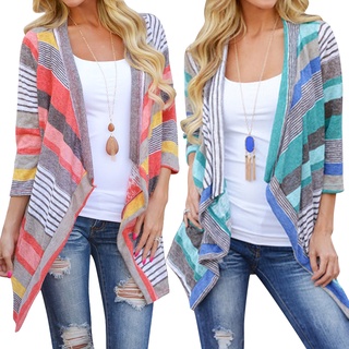♛New Women Long Sleeve Cardigan Stripe Kimono Knitwear Loose Tops Blouse♛