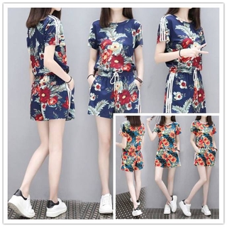 Las mujeres conjunto desgaste estilo de verano de manga corta t-shirt ancho de la pierna pantalones cortos floral de dos piezas casual conjunto
