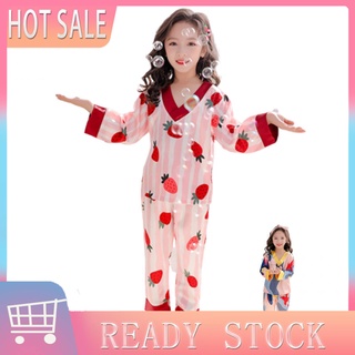 xia| 2 piezas niños niña piña seda hielo manga larga cuello v top pantalones pijama traje