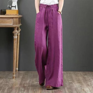 Mujer algodón y lino cintura alta gran tamaño suelto casual pantalones (3)