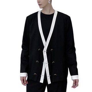 Mr hombres moda negro blanco contraste Color manga larga cuello V suelto Blazer