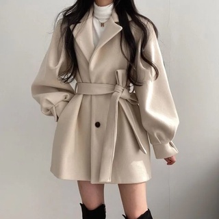 Nuevo estilo coreanoChicOtoño e invierno abrigo de estilo suelto de lana de las mujeres traje de Cuello medio-largo pequeño abrigo de lana de las mujeres 8fVf (5)