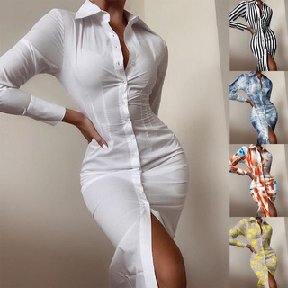 camisa vestido de rayas impresión de un solo botonadura elegante cintura delgada atada vestido de solapa para fiesta