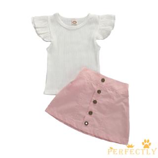 Qda-1-5y Kid bebé niña verano conjunto de ropa, básico liso volantes manga punto superior + botón falda 2 piezas conjunto de traje