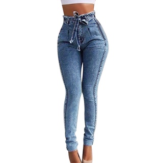 Ladies Elastic Slim Fringe Belt High Waist Jeans Casual Fashion Jeans (2)