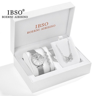 Ibso mujeres reloj de cuarzo conjunto de plata de cristal diseño pulsera collar reloj conjunto de joyería femenina reloj señora esposa mamá DZ006 SL018