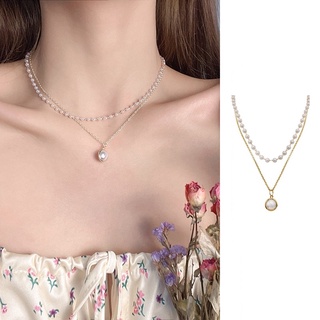 Collar de cadena de doble capa con colgante de perla romántico para mujer