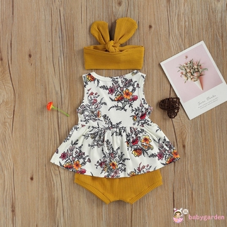 BABYGARDEN-bebé niña conjunto de ropa de moda flor impresión Tops sin mangas y Color sólido pantalones cortos con diadema (2)