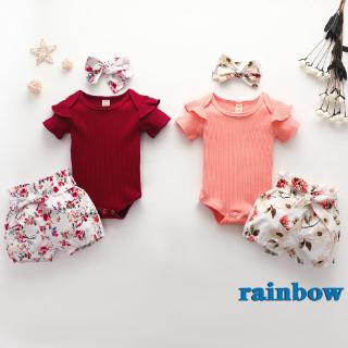 Menewborn Baby Girl traje de 3 piezas de manga corta mono + pantalones cortos florales + diadema (0-24M)