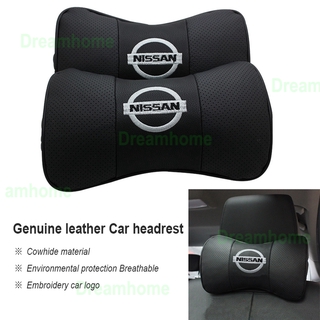 2 piezas Boutique Nissan bordado logo del coche reposacabezas de cuero genuino almohada de cuello asiento de coche cojín de cuero