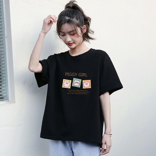 Camiseta negra femenina de manga corta de manga corta de manga corta con cuello redondo flojo media manga
