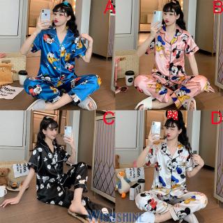 Mujer Cómodo Satén De Seda De Las Mujeres Pijama Conjunto De Manga Corta Ropa De Dormir De Dibujos Animados De Impresión Pijamas