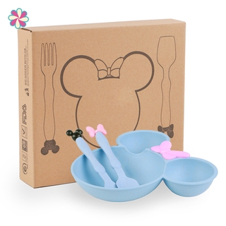 Trigo paja cubiertos conjunto Mickey Mouse tazón arco cabeza grande tazón de dibujos animados niños plato de fruta separado plato de cena YD (1)
